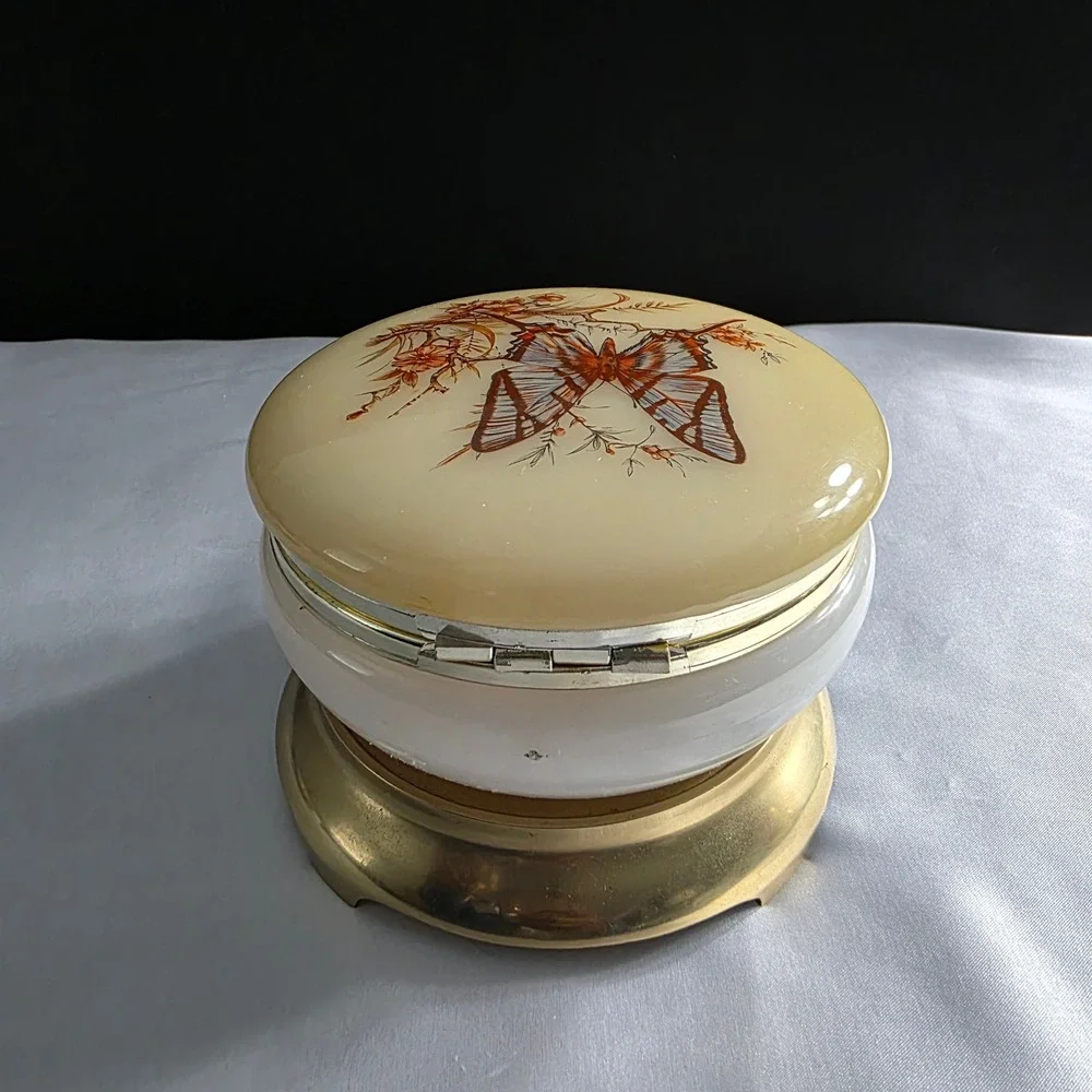 Vintage Italian Alabaster Butterfly Trinket Box Yellow Vanity Jar‎ Keepsake Box